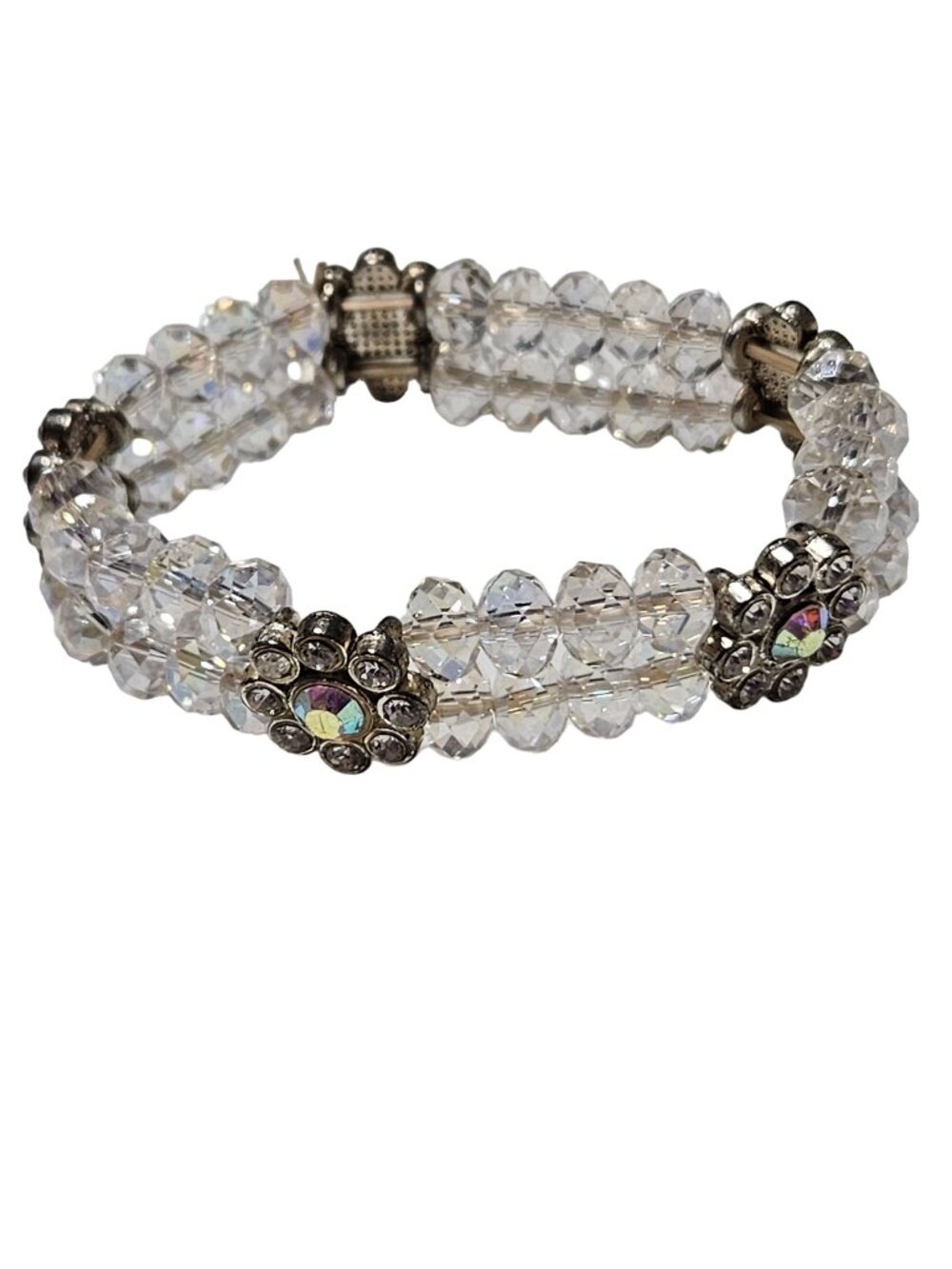 Vintage Beaded Bracelet Crystal Bead Rhinestone Flower Accents Stretch Jewelry